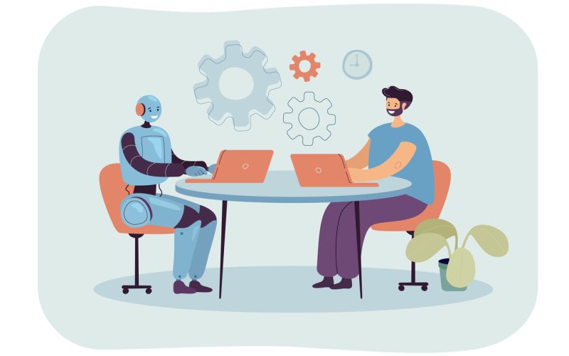 Cartoon man and robot sitting at laptops in workplace together_Easy-Resize.com