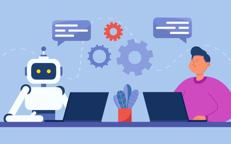 Man and robot with computers sitting together in workplace_Easy-Resize.com